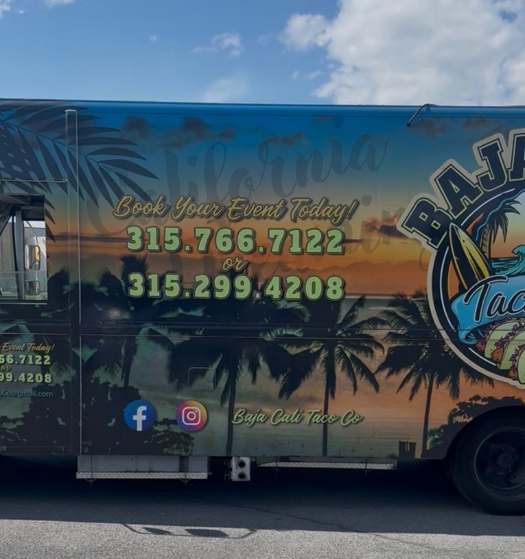 Baja Cali Taco Co. food truck in Syracuse, NY with tropical sunset wrap graphic, a Unity Renewables PowerBox 10K customer