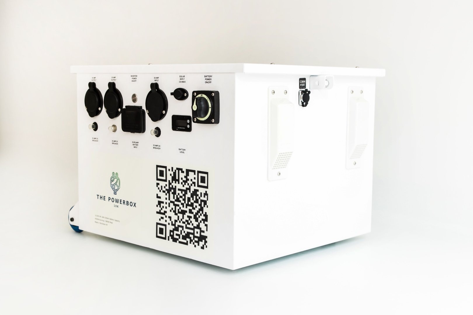 THE POWERBOX 10K on caster wheels, angled rear view showing ventilation panels and communication port for job site power